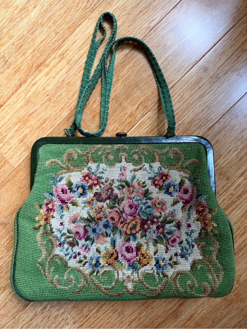 Vintage Green Needlepoint Floral Shoulder Bag. Rare!